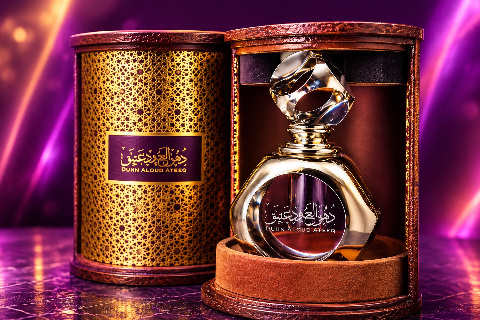 Duhn Al Oud Ateeq luxury oud perfume presentation